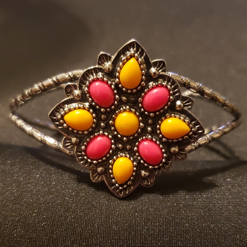 Paparazzi Silver Bracelet with Pink and Yellow Accents